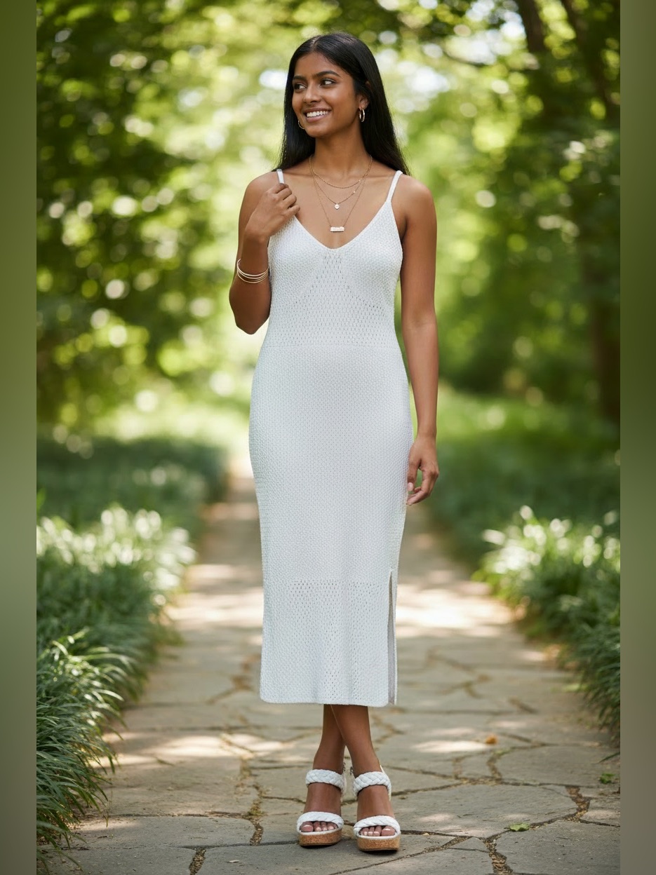 Madden Nyc White Knit Midi Dress With V-Neck And Adjustable Spaghetti Straps Xxl